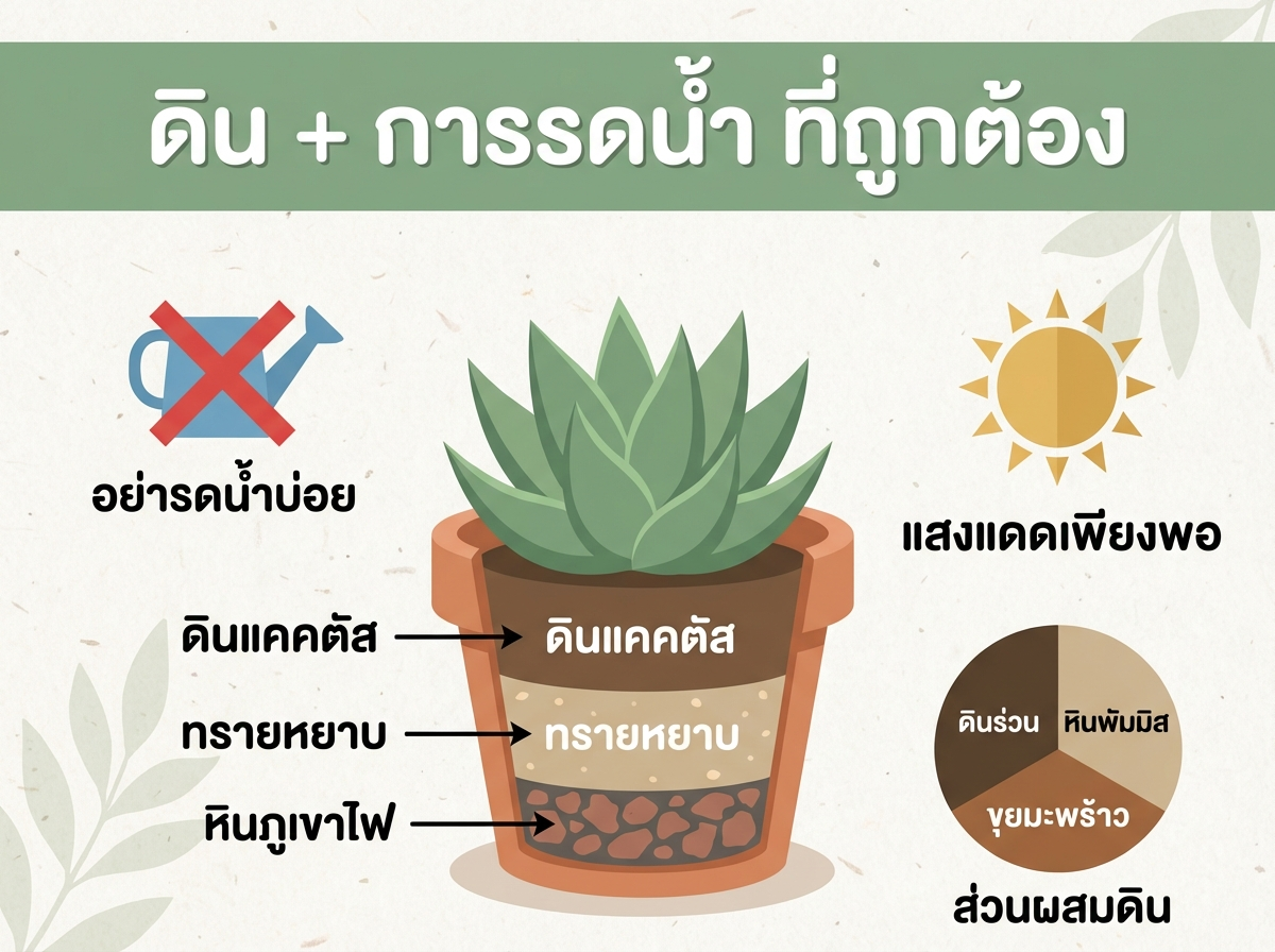 ดินและการรดน้ำที่ถูกต้องสำหรับไม้อวบน้ำ