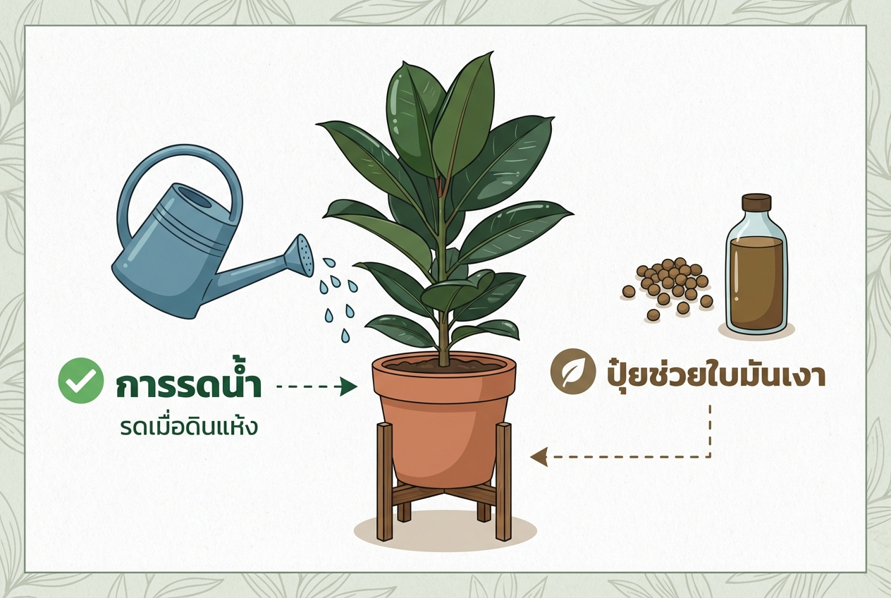 การดูแลรดน้ำและใส่ปุ๋ยต้นยางอินเดีย