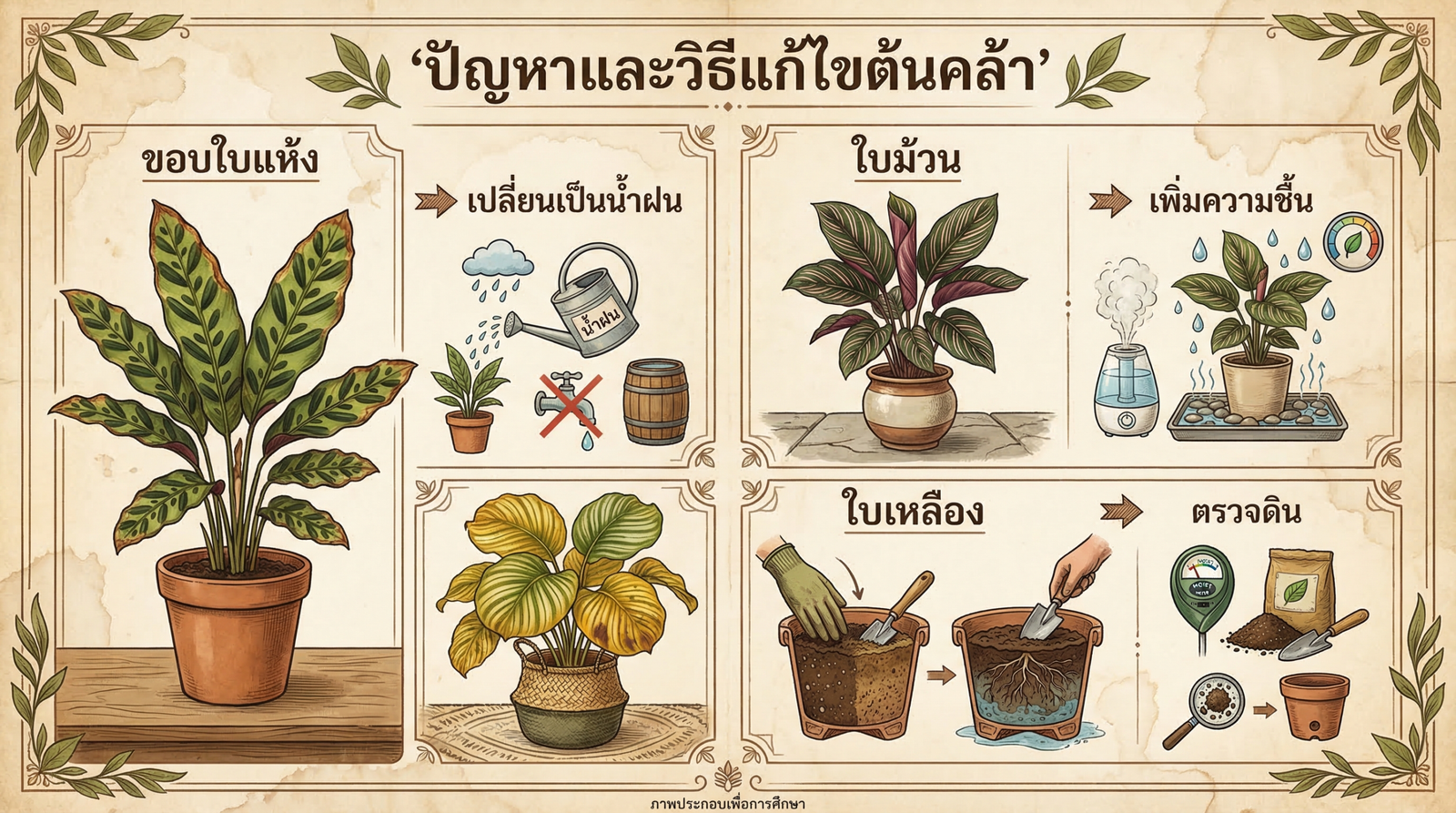 ปัญหาคาลาเธีย ขอบใบแห้ง ใบเหลือง วิธีแก้