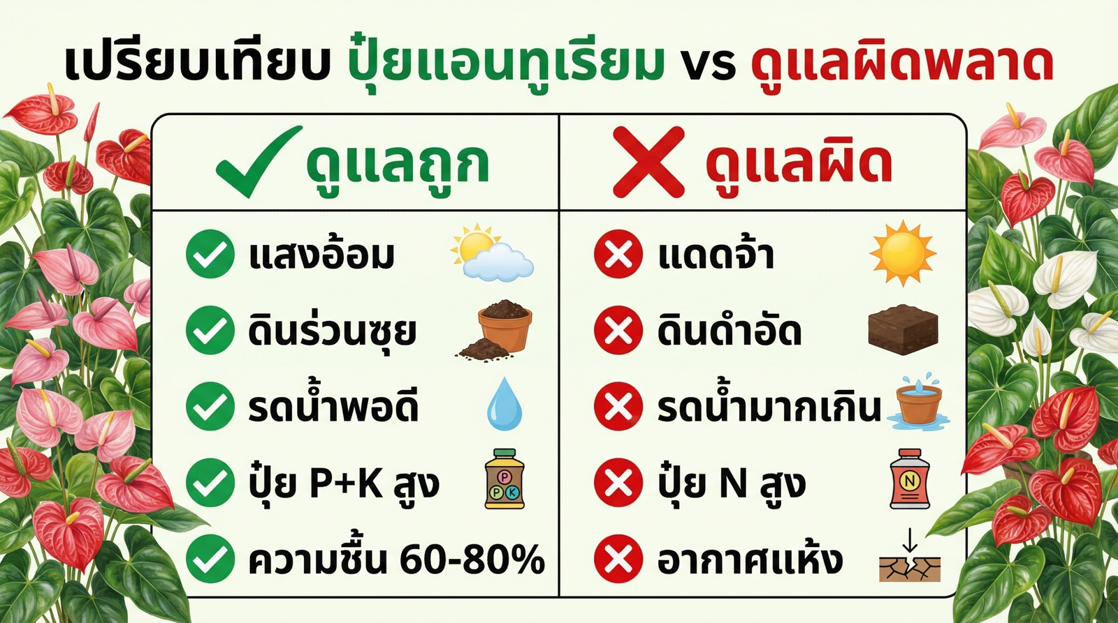 เปรียบเทียบการดูแลแอนทูเรียม ถูกและผิด