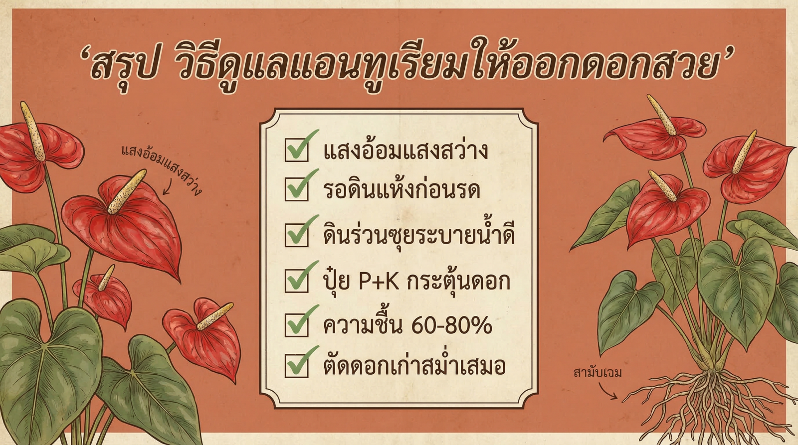 สรุป วิธีดูแลแอนทูเรียมให้ออกดอกสวย