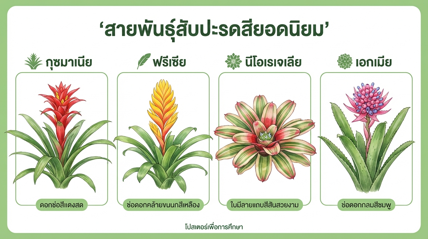 สายพันธุ์สับปะรดสียอดนิยม Guzmania Vriesea Neoregelia Aechmea