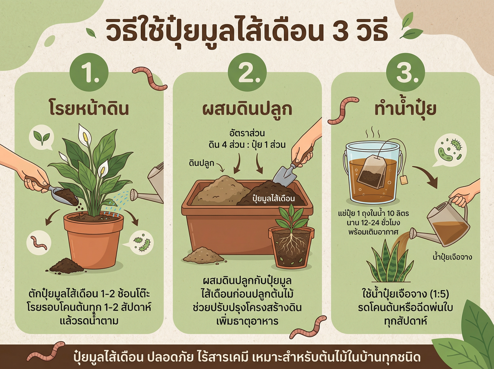 วิธีใช้ปุ๋ยมูลไส้เดือนกับต้นไม้ 3 วิธี