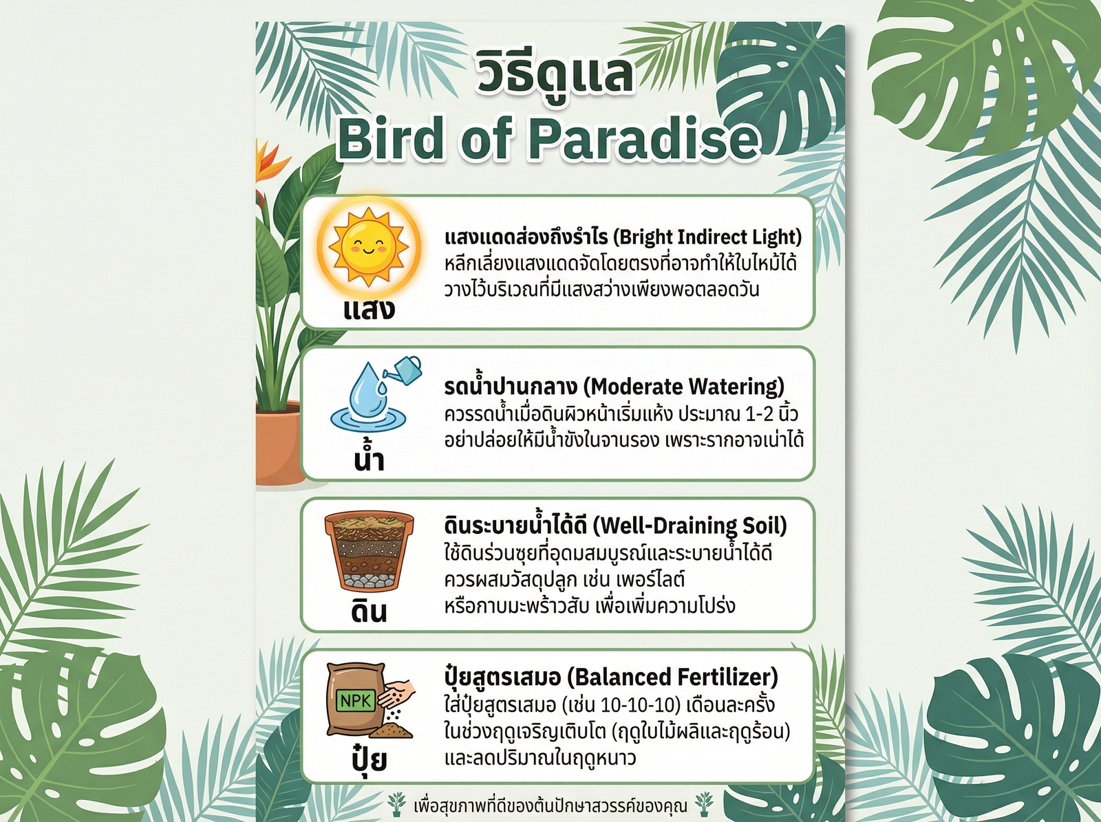 วิธีดูแล Bird of Paradise แสง น้ำ ดิน ปุ๋ย