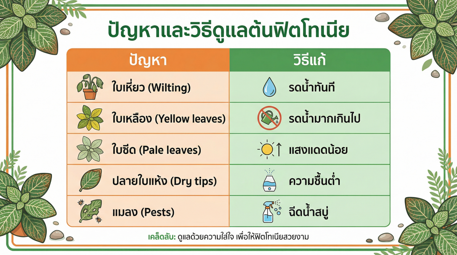 ปัญหาที่พบบ่อยใน Fittonia และวิธีแก้