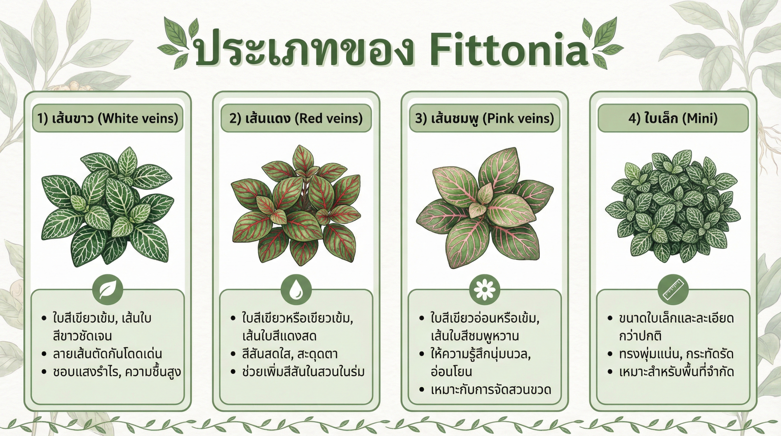 ประเภทของ Fittonia สายพันธุ์ต่างๆ