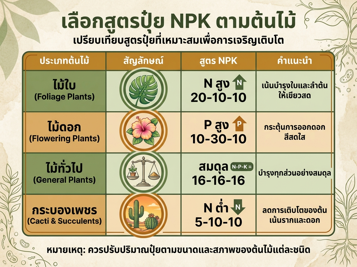เปรียบเทียบสูตรปุ๋ย NPK ตามชนิดต้นไม้