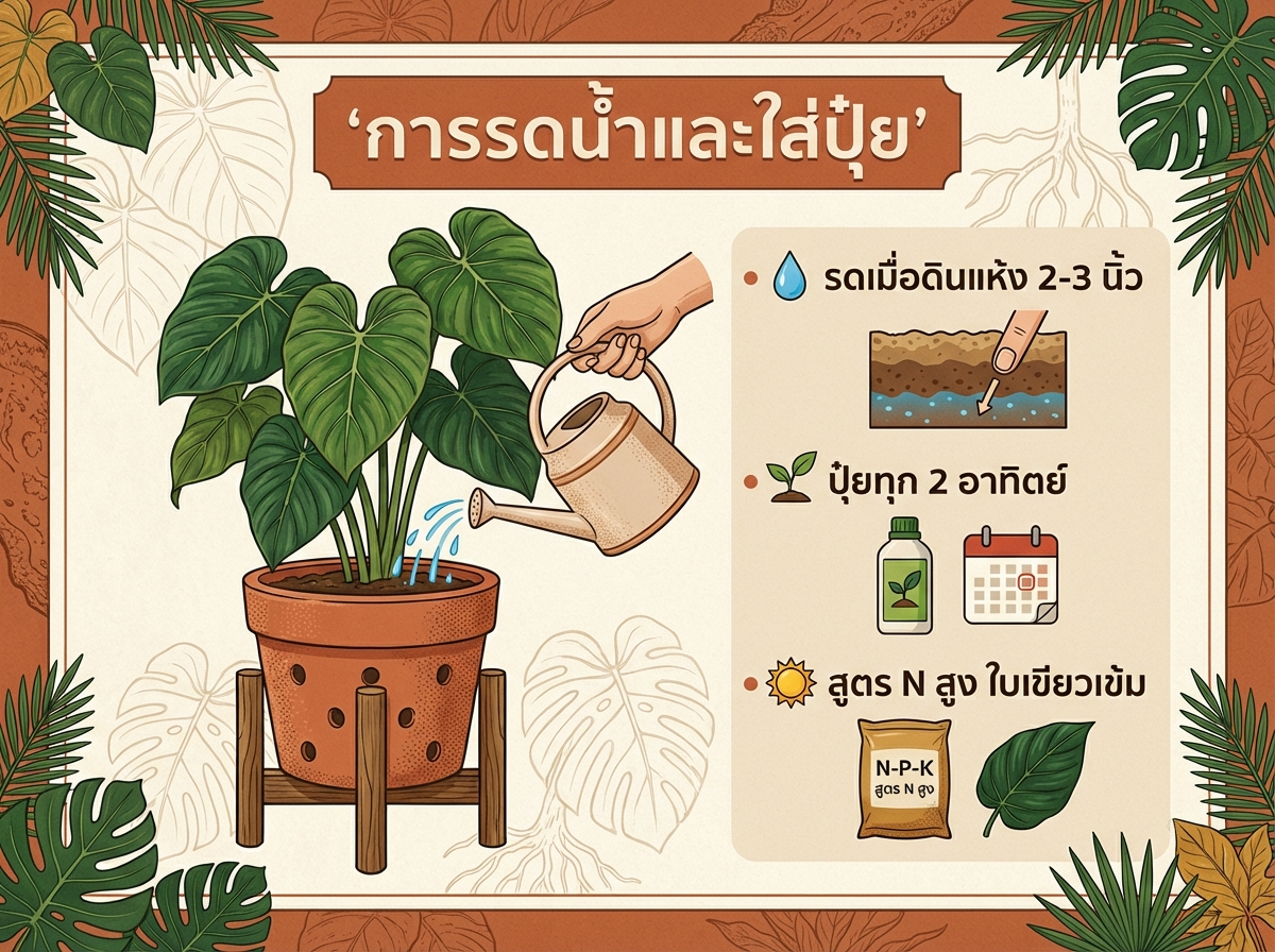 การรดน้ำและใส่ปุ๋ยฟิโลเดนดรอน