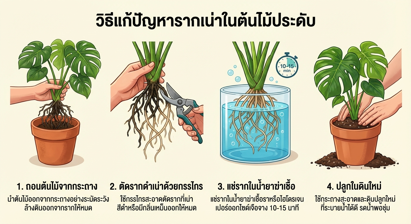 ขั้นตอนแก้รากเน่า ถอน ตัด แช่ ปลูกใหม่