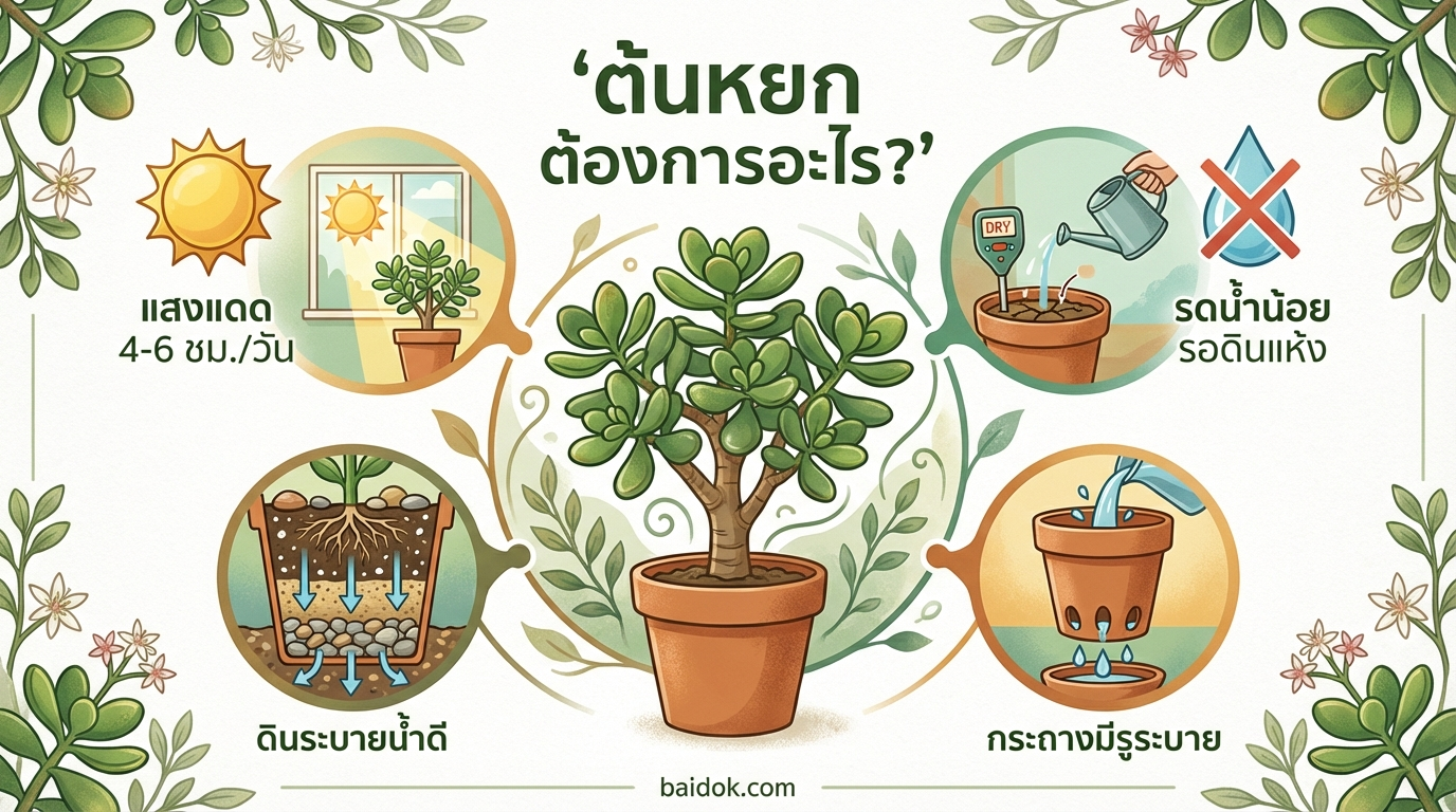 ต้นหยกต้องการอะไร แสง น้ำ ดิน อินโฟกราฟิก