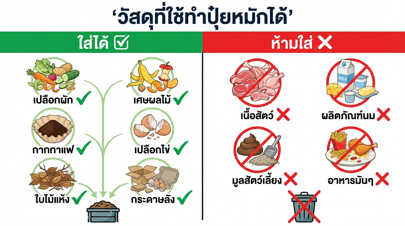 วัสดุที่ใช้ทำปุ๋ยหมักได้และไม่ได้