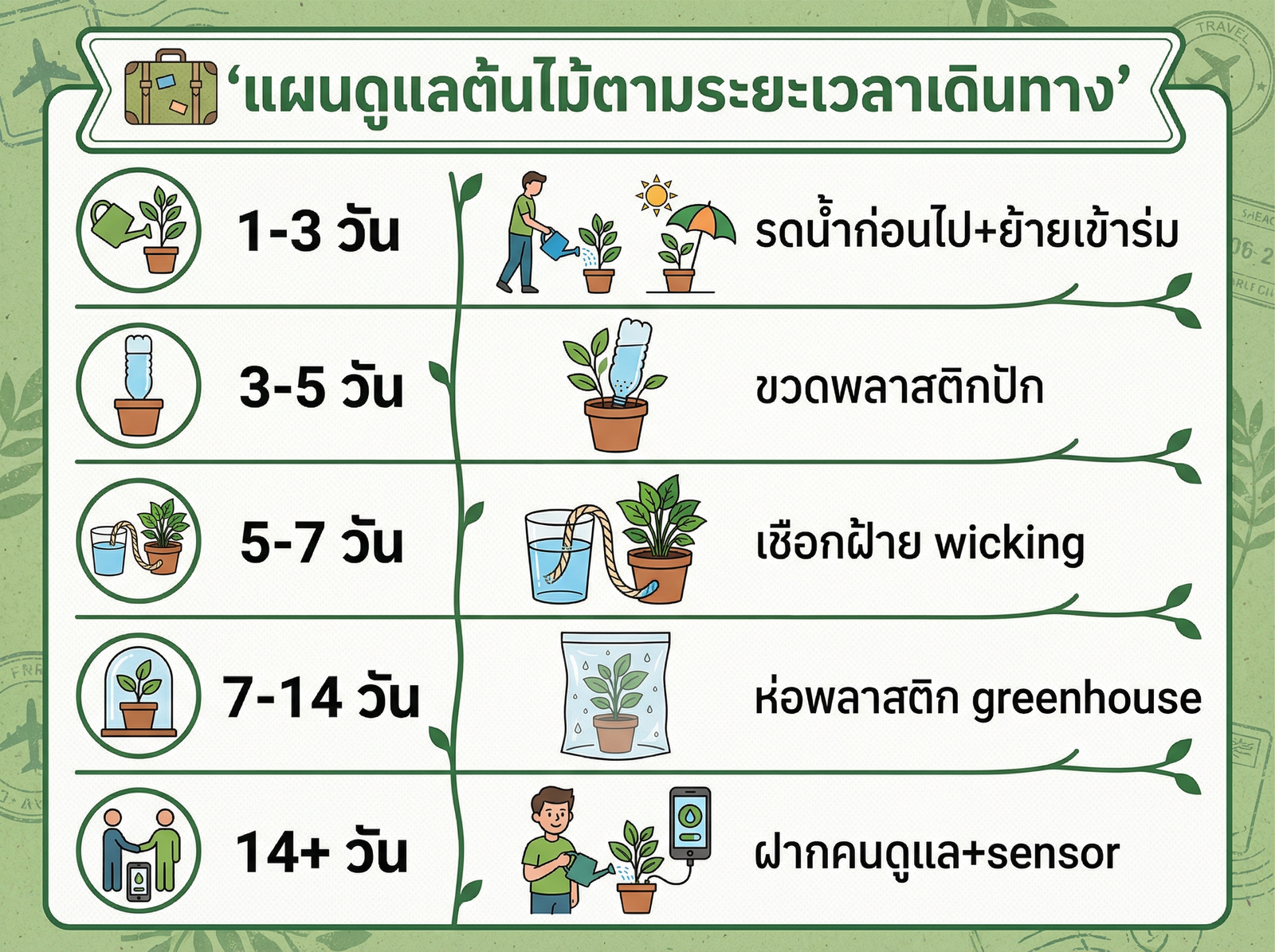 แผนดูแลต้นไม้ตามระยะเวลาเดินทาง