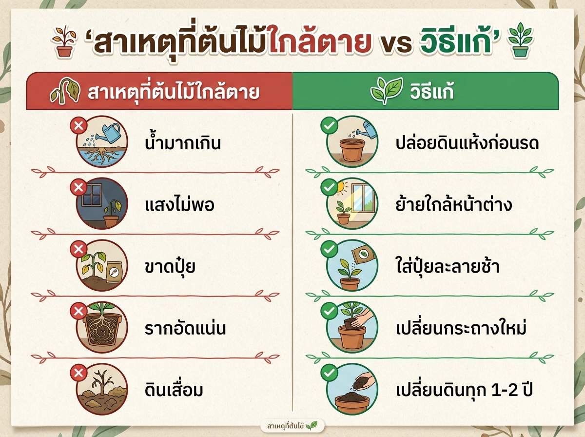 สาเหตุที่ต้นไม้ใกล้ตาย vs วิธีแก้
