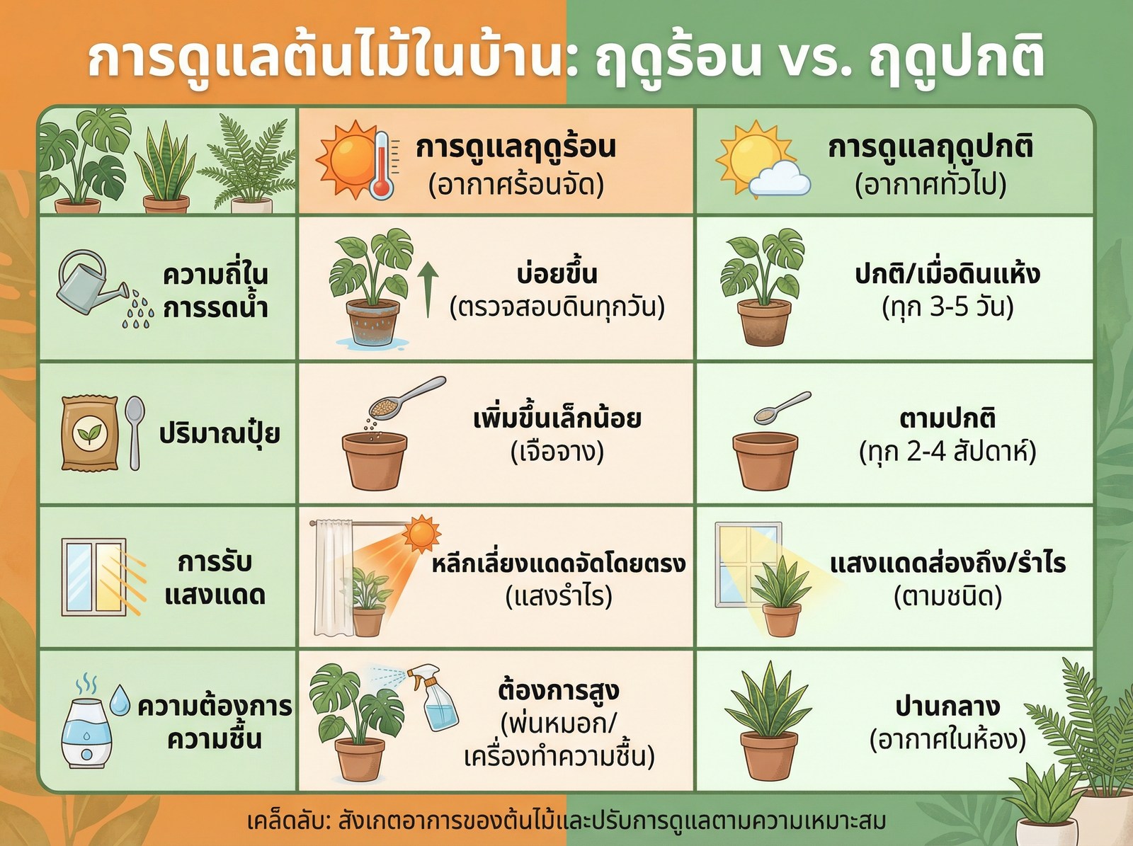 เปรียบเทียบการดูแลต้นไม้หน้าร้อน vs ปกติ